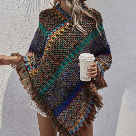 Tops - Knit Fringe Hem Poncho Sweater with Chevron Weave